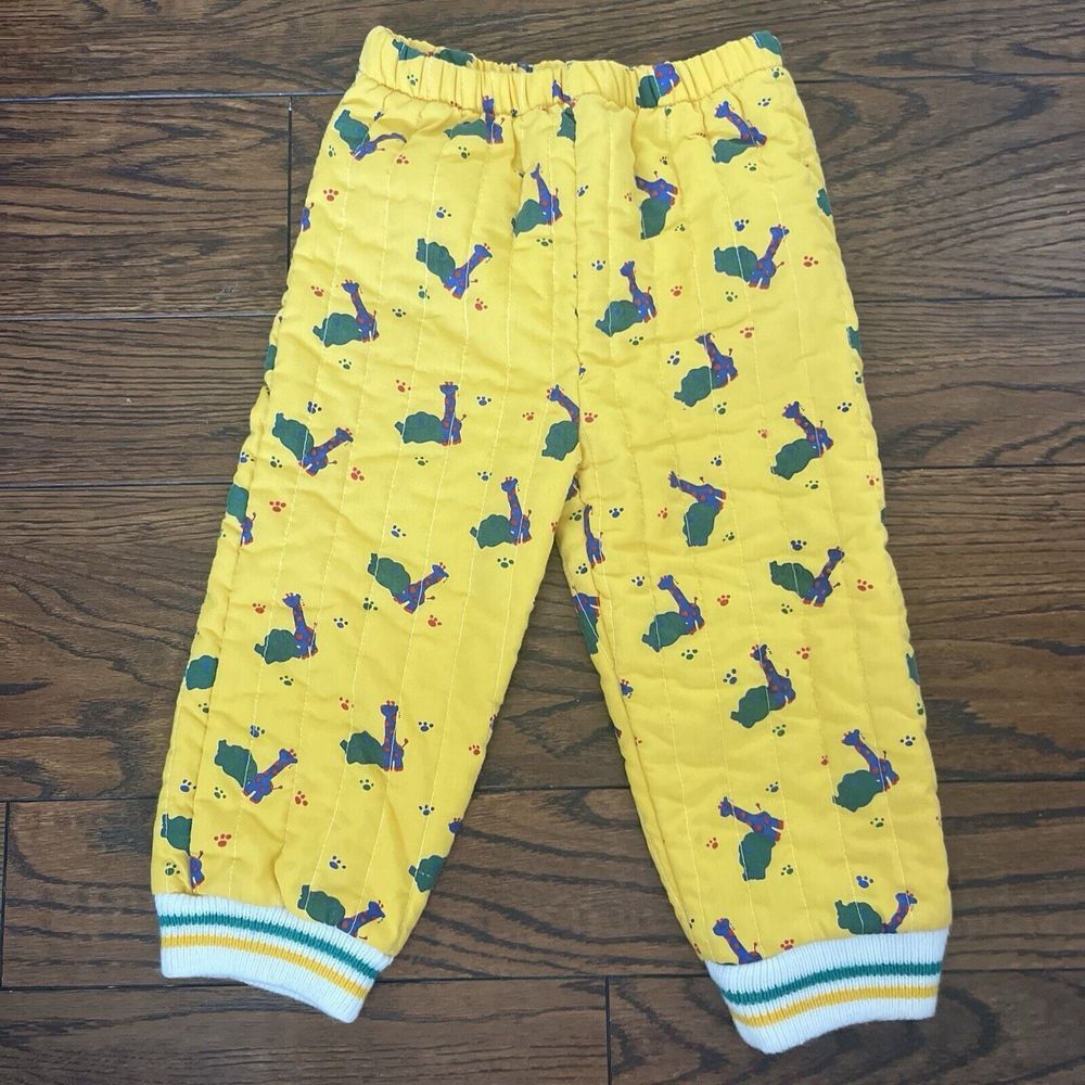 VTG Quilted Puffer Yellow Pants Giraffe and Elephant Print Animal Tracks 24 Mo